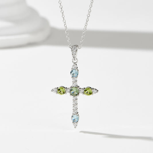 S925 Sterling Silver European and American Style Cross Pendant Necklace with Colorful Zirconia for W