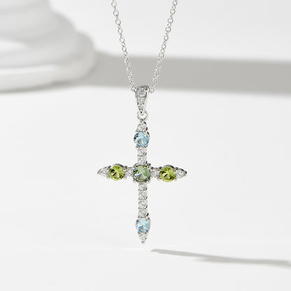 S925 Sterling Silver European and American Style Cross Pendant Necklace with Colorful Zirconia for W