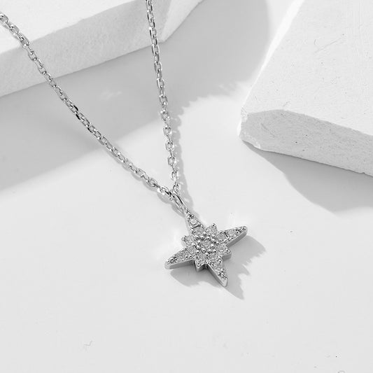 New style full diamond eight Awn star pure silver necklace female European and American ins niche de