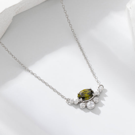 S925 Sterling Silver Egg-shaped Olive Green Zircon Pendant Necklace Women's European and American Cr