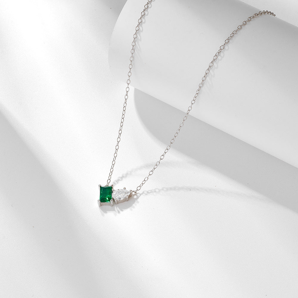 S925 Sterling Silver Inlaid with Emerald Rectangular Water Drop Zircon Necklace for Women European a