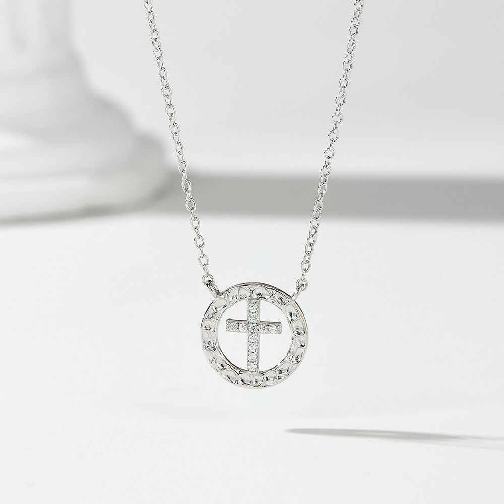 925 Sterling Silver Niche Design Round Hollow Diamond-Encrusted Cross Necklace for Women, European