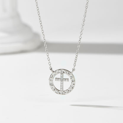 925 Sterling Silver Niche Design Round Hollow Diamond-Encrusted Cross Necklace for Women, European