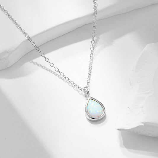 S925 Sterling Silver Geometric Pear-shaped Opal Necklace European and American Light Luxury Ins High
