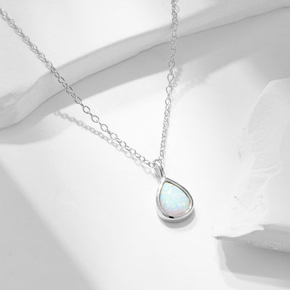 S925 Sterling Silver Geometric Pear-shaped Opal Necklace European and American Light Luxury Ins High