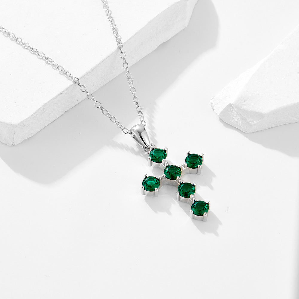 Cross-border European and American Ins Style Retro Light Luxury Emerald Zircon Cross Pendant Necklac
