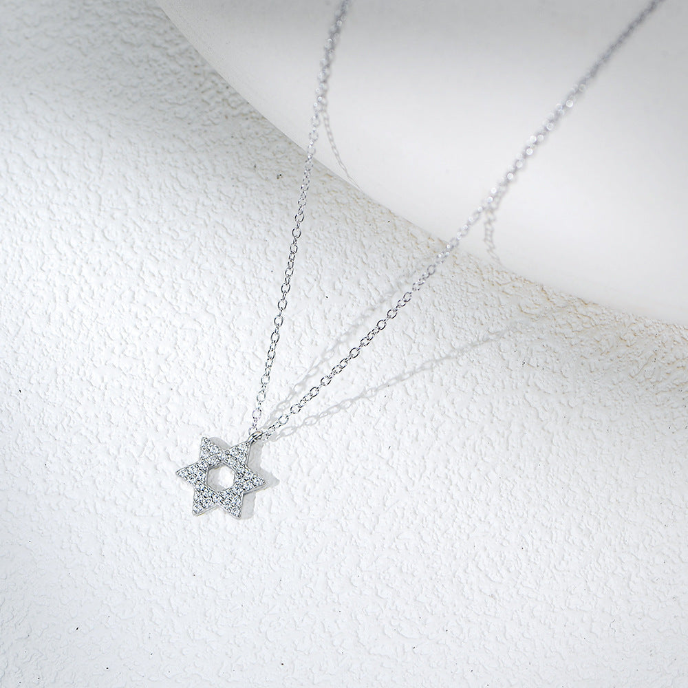 S925 Sterling Silver Diamond Six-Pointed Star Pendant Necklace Women's High-End European and America