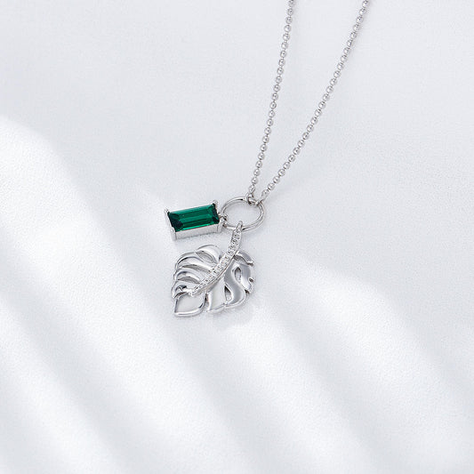 925 sterling silver Emerald zircon tree leaf pendant necklace women's all-match European and America
