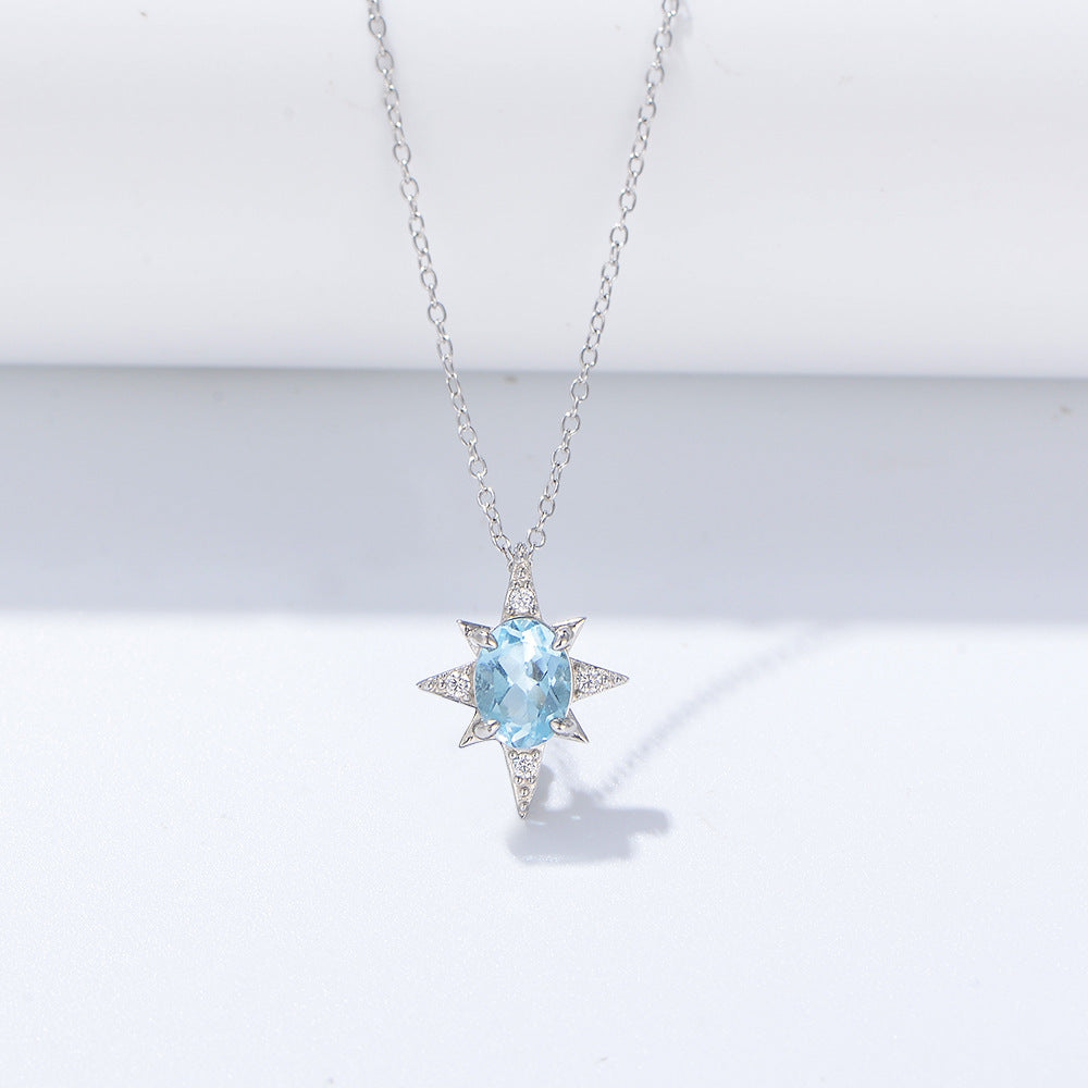 S925 Sterling Silver Bamang Star Pendant Japanese Style Simple Sky Blue Natural Topaz Clavicle Chain