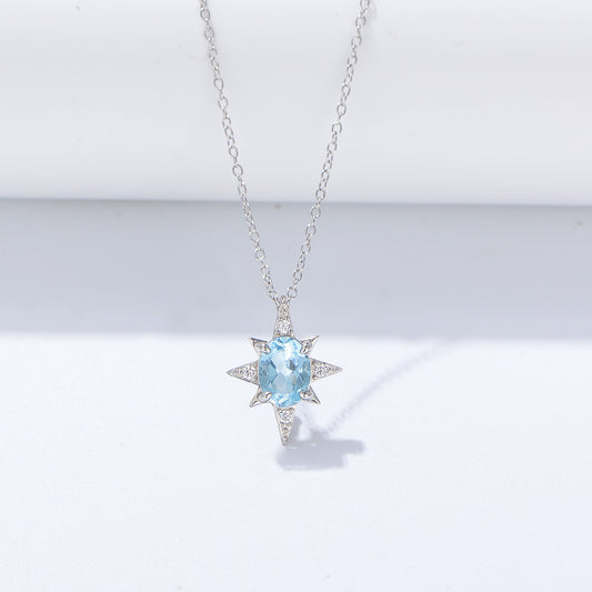 S925 Sterling Silver Bamang Star Pendant Japanese Style Simple Sky Blue Natural Topaz Clavicle Chain