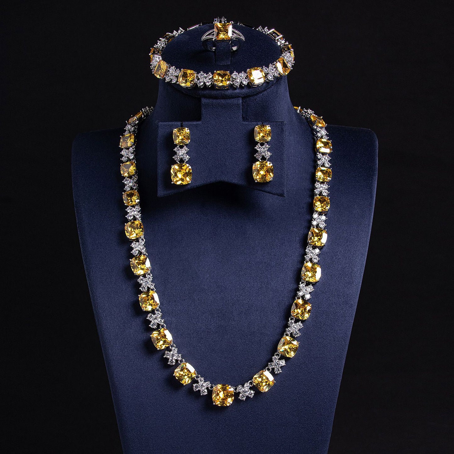 Yellow Zircon Hip Hop 4 Piece Jewelry Set Gold Plated Wholesale