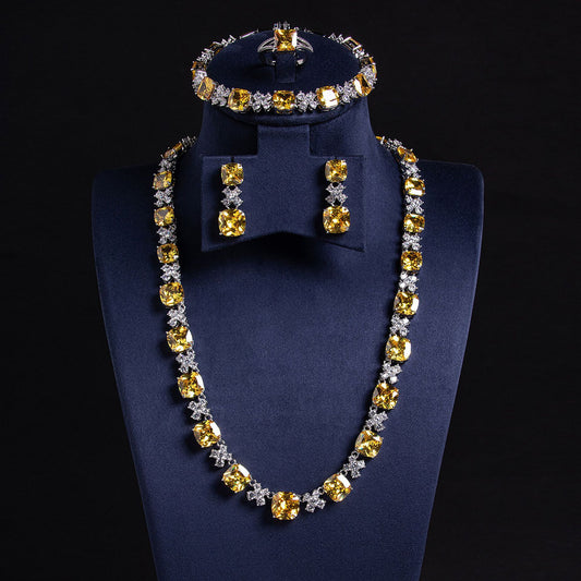 Yellow Zircon Hip Hop 4 Piece Jewelry Set Gold Plated Wholesale