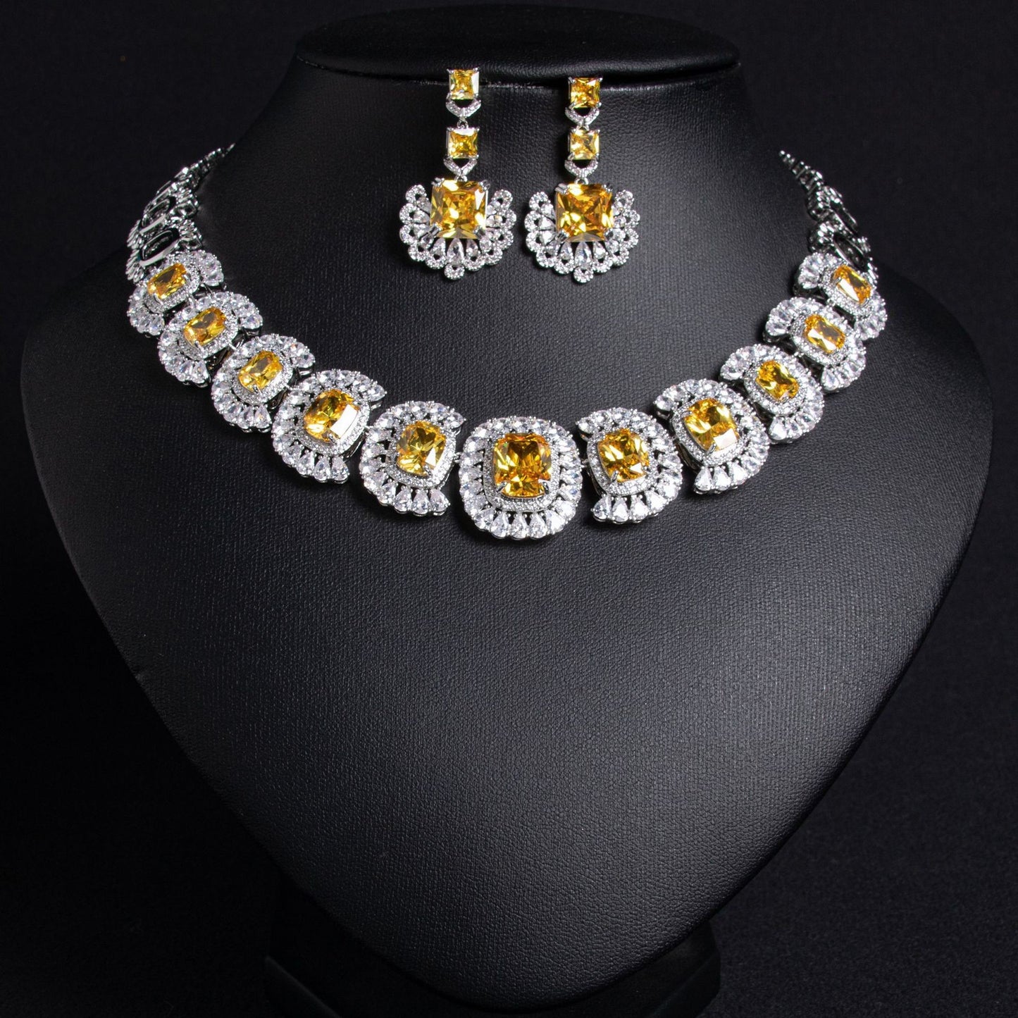 Yellow Zircon Chain Bridal Jewelry Set 18K Gold Plated Wholesale