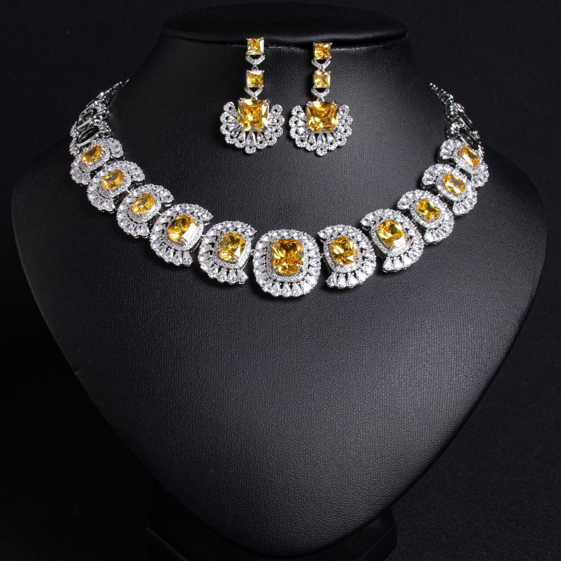 Yellow Zircon Chain Bridal Jewelry Set 18K Gold Plated Wholesale