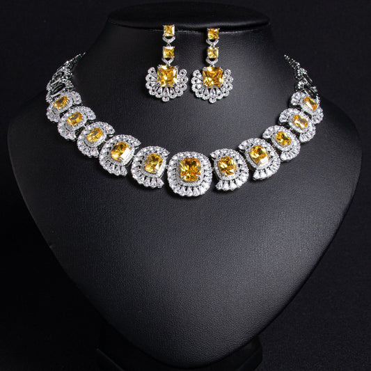 Yellow Zircon Chain Bridal Jewelry Set 18K Gold Plated Wholesale