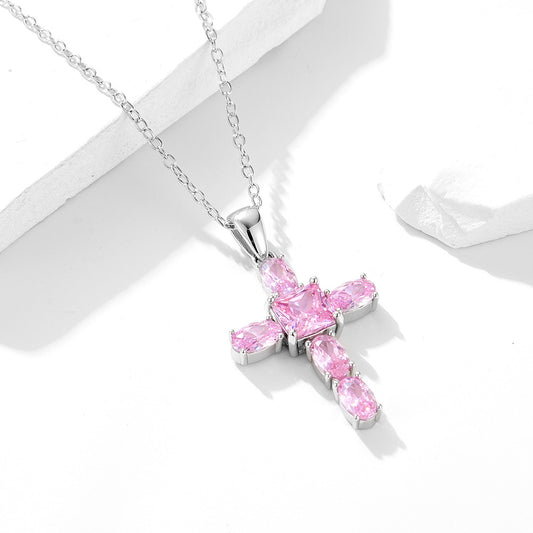 S925 Sterling Silver Pink Zircon Cross Necklace Female European and American Niche Design Feeling Te