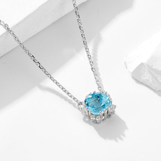 925 Sterling Silver Geometric Round Natural Topaz Pendant Necklace European and American Cross-borde