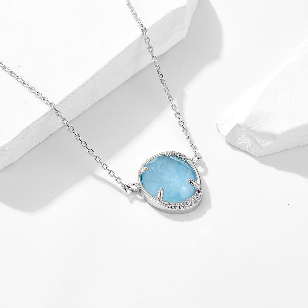 Oval Egg-shaped Natural Haibao Sapphire Pendant Sterling Silver Necklace Women's European and Americ
