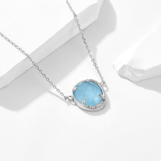 Oval Egg-shaped Natural Haibao Sapphire Pendant Sterling Silver Necklace Women's European and Americ