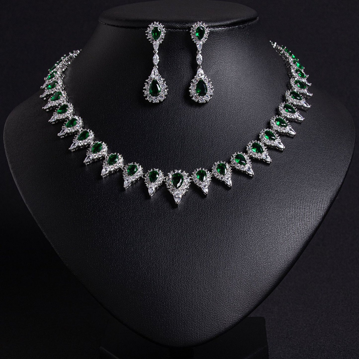 Green Zircon Bridal Necklace Earrings Set Gold Plated OEM