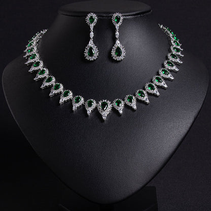 Green Zircon Bridal Necklace Earrings Set Gold Plated OEM