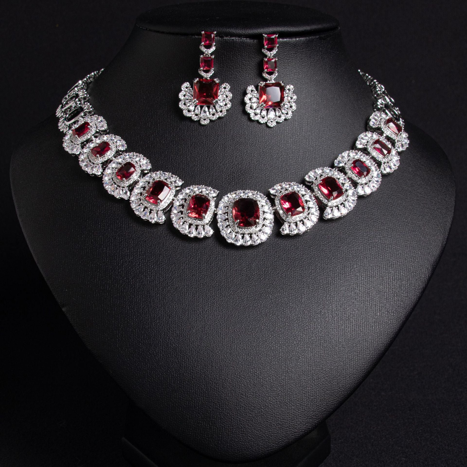 Red CZ Chain Design Bridal Necklace Set Gold Plated OEM