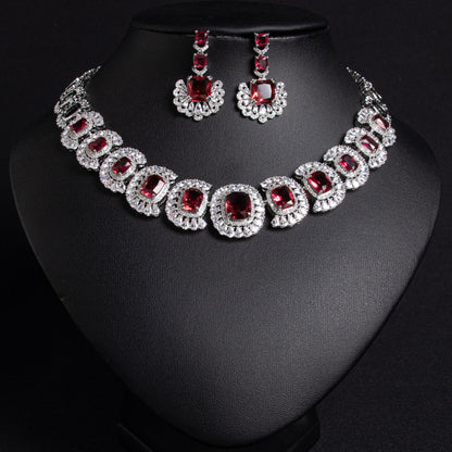 Red CZ Chain Design Bridal Necklace Set Gold Plated OEM