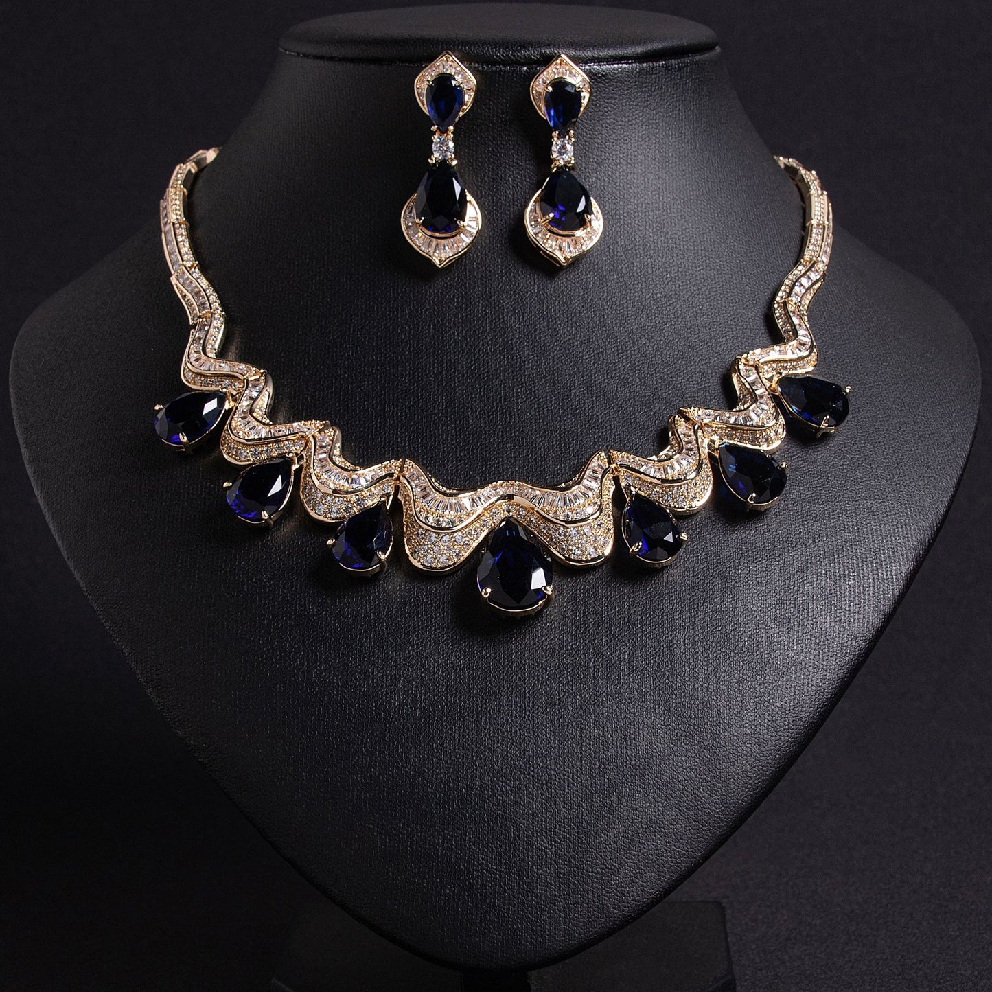 Sapphire Blue Water Drop Bridal Earrings 18K Gold Plated Wholesale