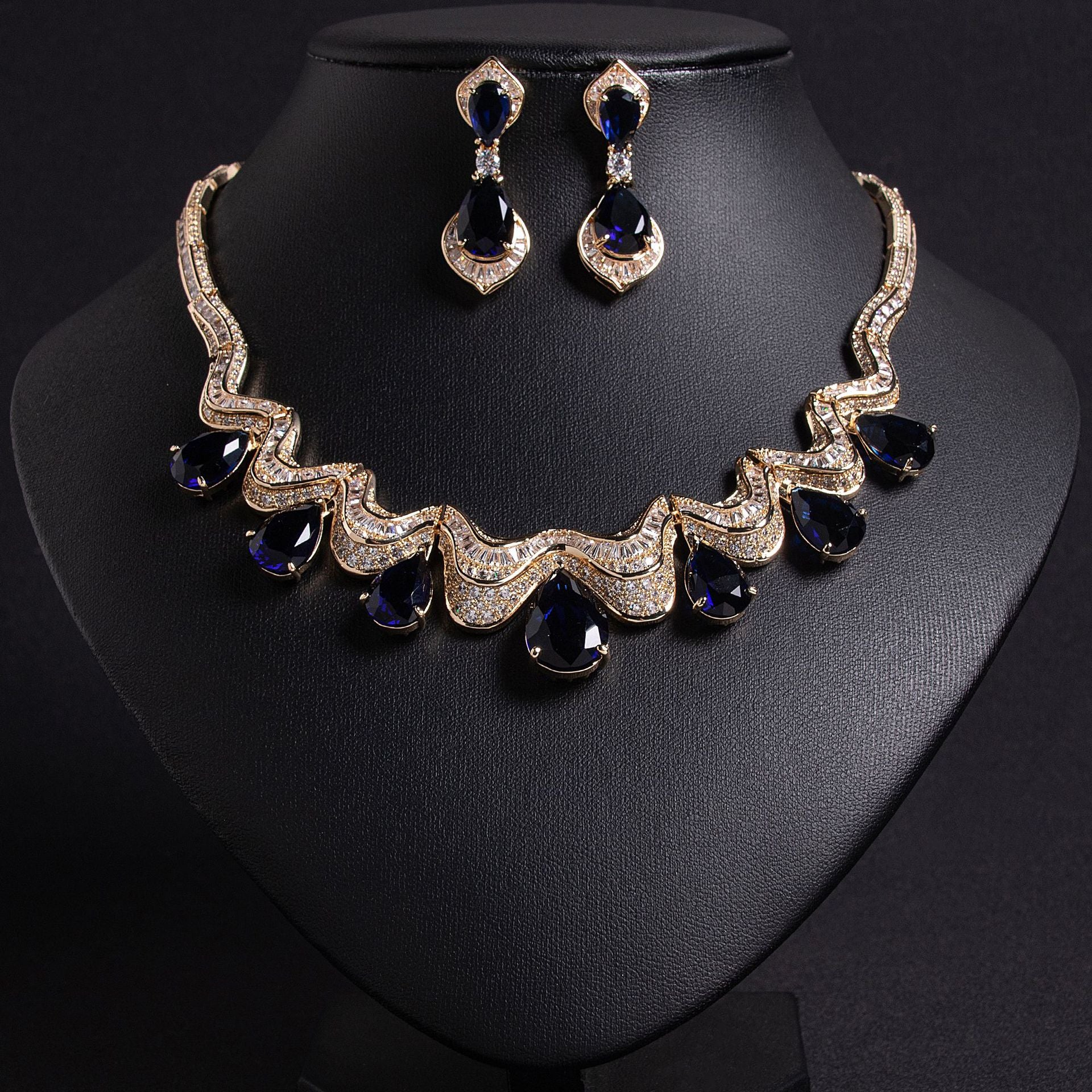 Sapphire Blue Water Drop Bridal Earrings 18K Gold Plated Wholesale
