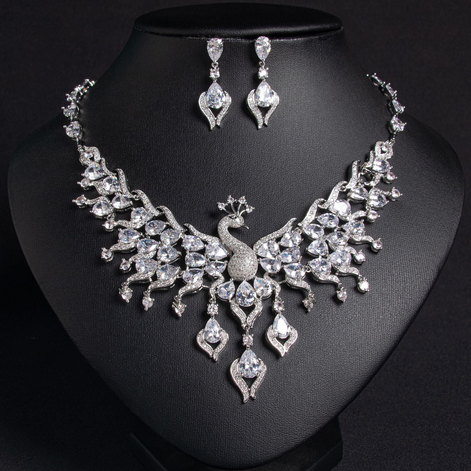 18K Gold Plated Peacock Zircon Necklace Set Wholesale View 3