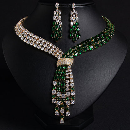 Golden Green Zircon Tassel Bridal Necklace Set OEM