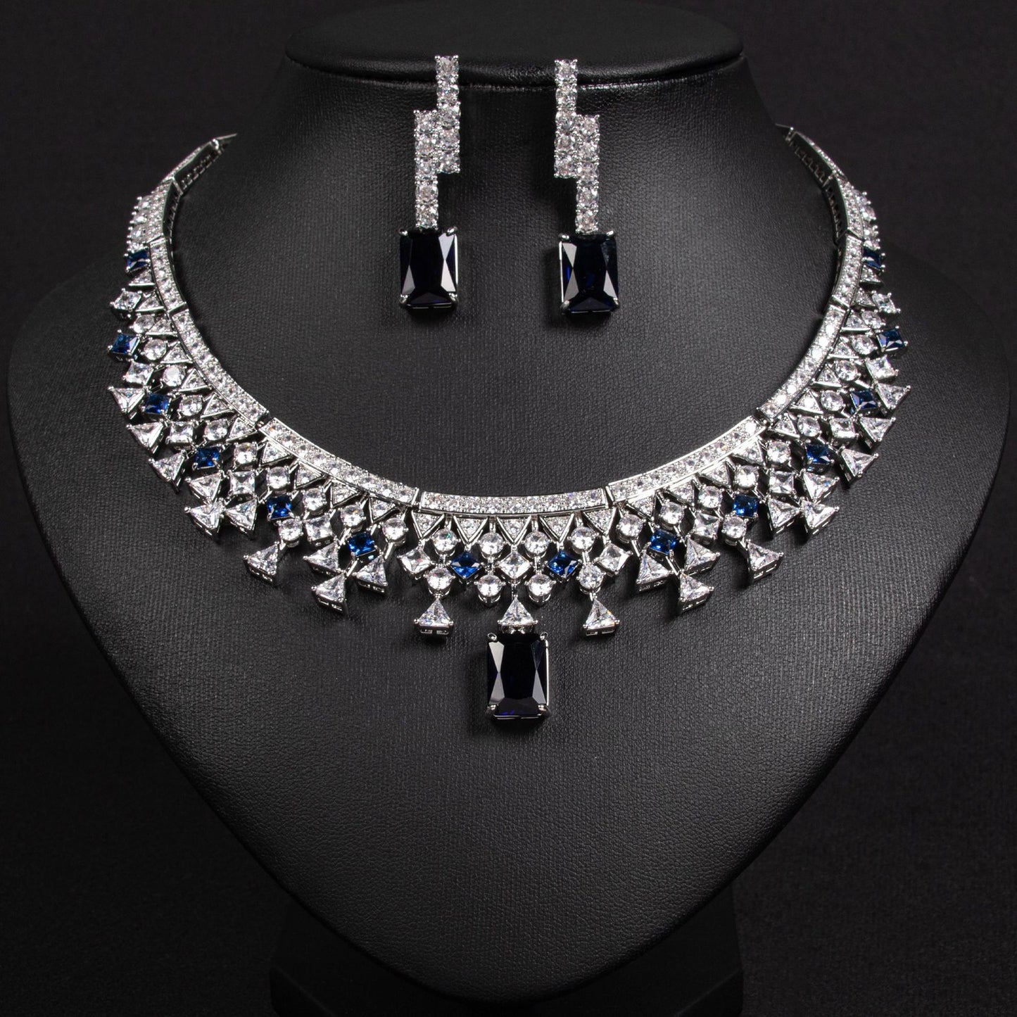 Blue Zircon Simple Bridal Necklace Earrings Set 18K Gold Plated