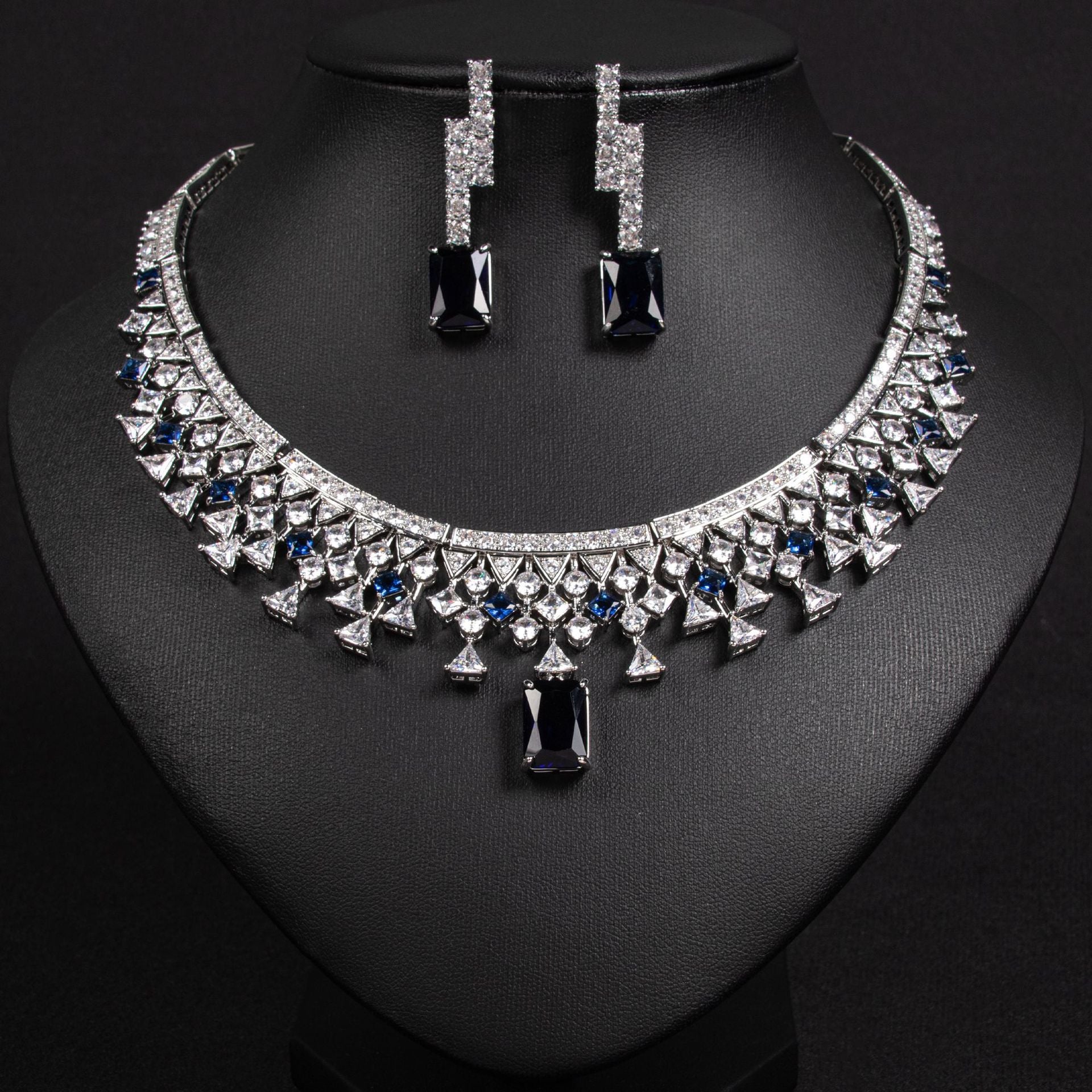 Blue Zircon Simple Bridal Necklace Earrings Set 18K Gold Plated