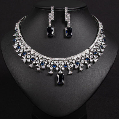 Blue Zircon Simple Bridal Necklace Earrings Set 18K Gold Plated