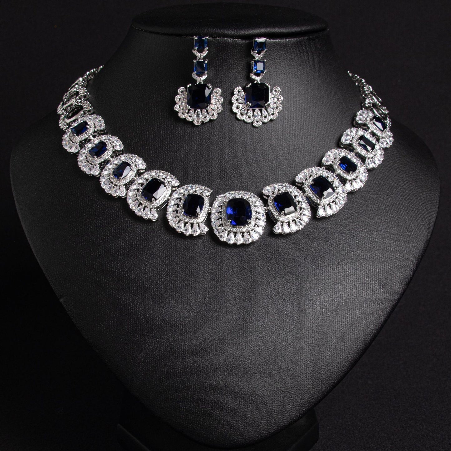 Blue Zircon Chain Bridal Necklace Earrings Set Gold Plated