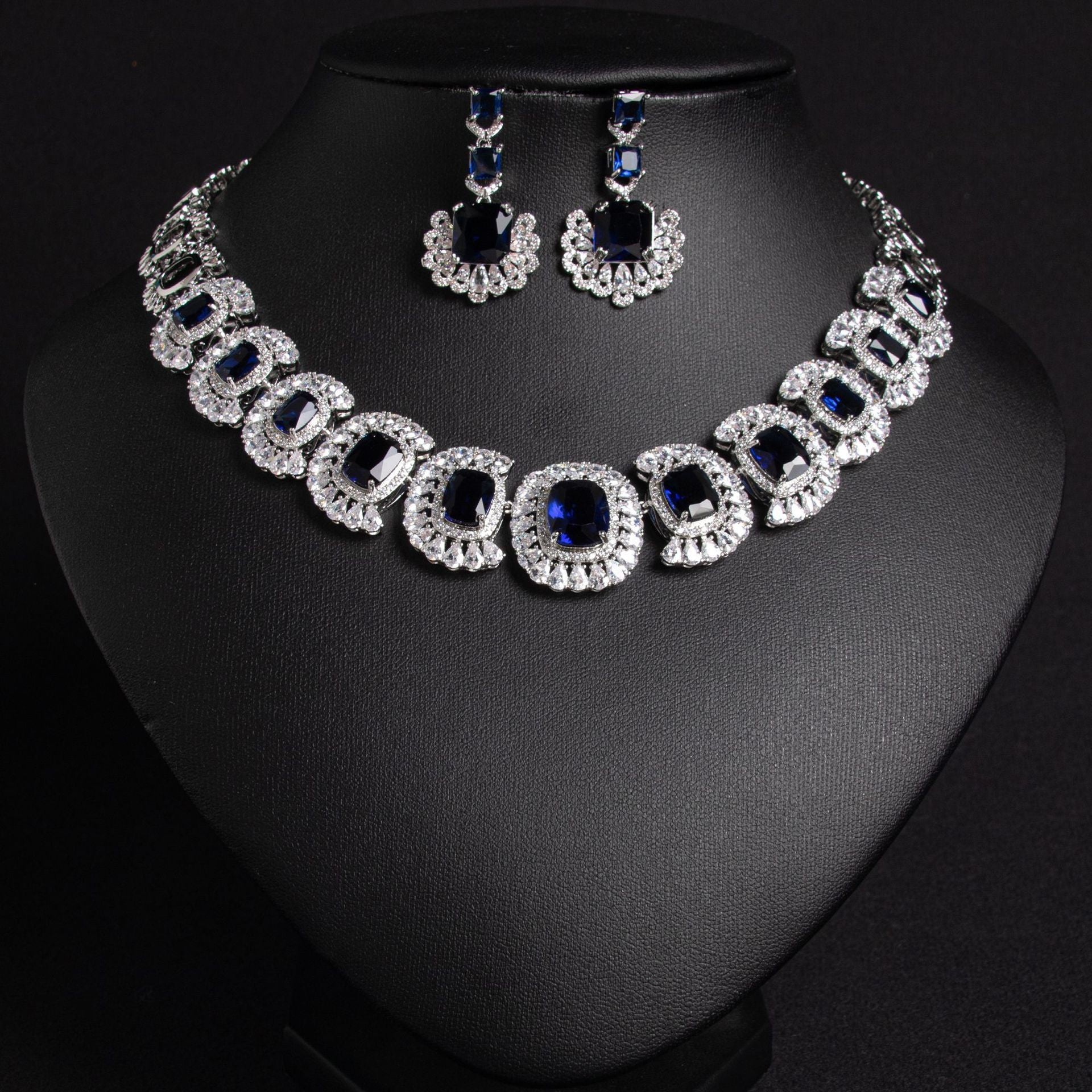 Blue Zircon Chain Bridal Necklace Earrings Set Gold Plated