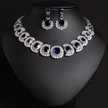 Blue Zircon Chain Bridal Necklace Earrings Set Gold Plated
