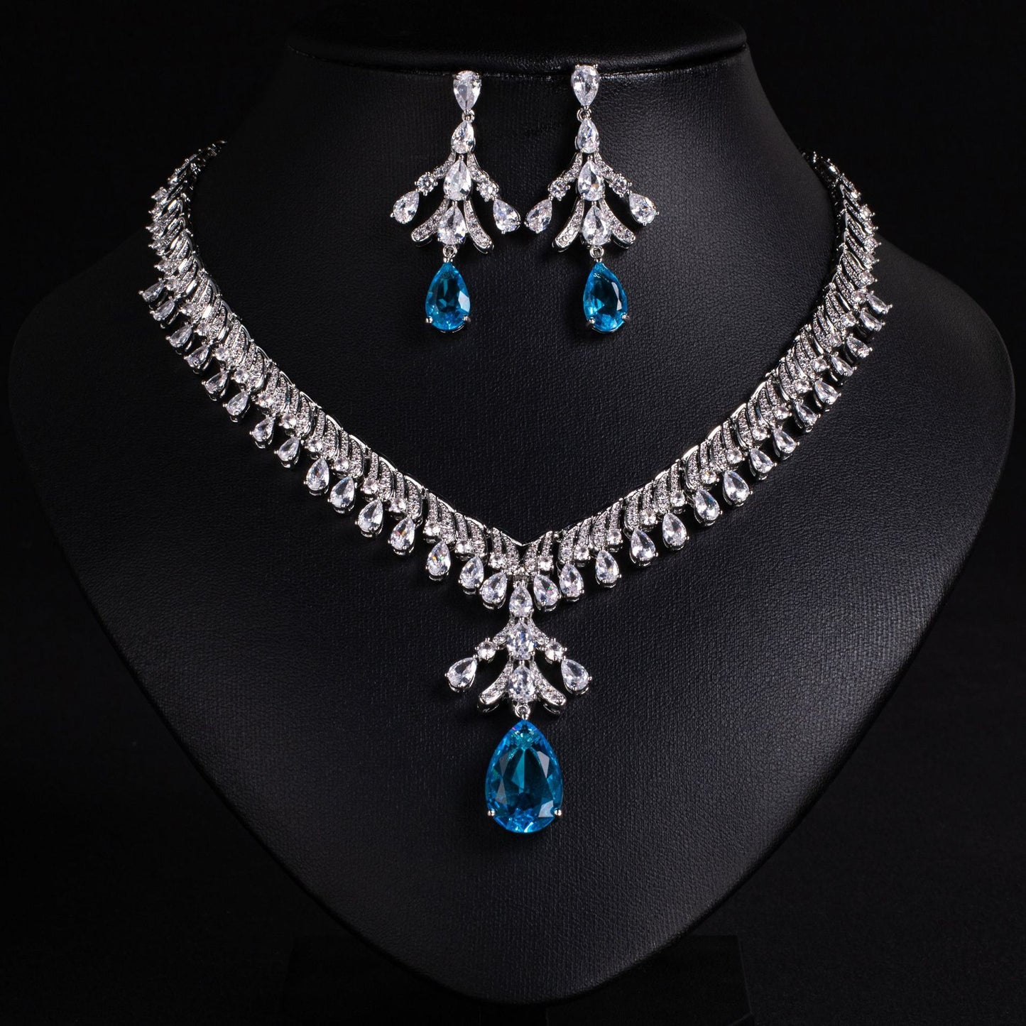 Blue CZ Statement Bridal Jewelry Set Gold Plated Wholesale