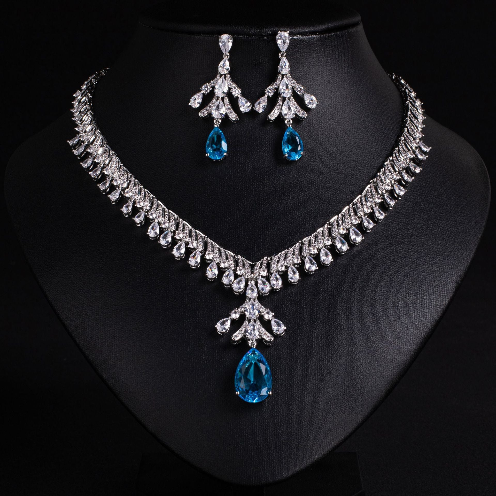 Blue CZ Statement Bridal Jewelry Set Gold Plated Wholesale