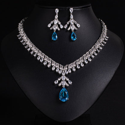 Blue CZ Statement Bridal Jewelry Set Gold Plated Wholesale