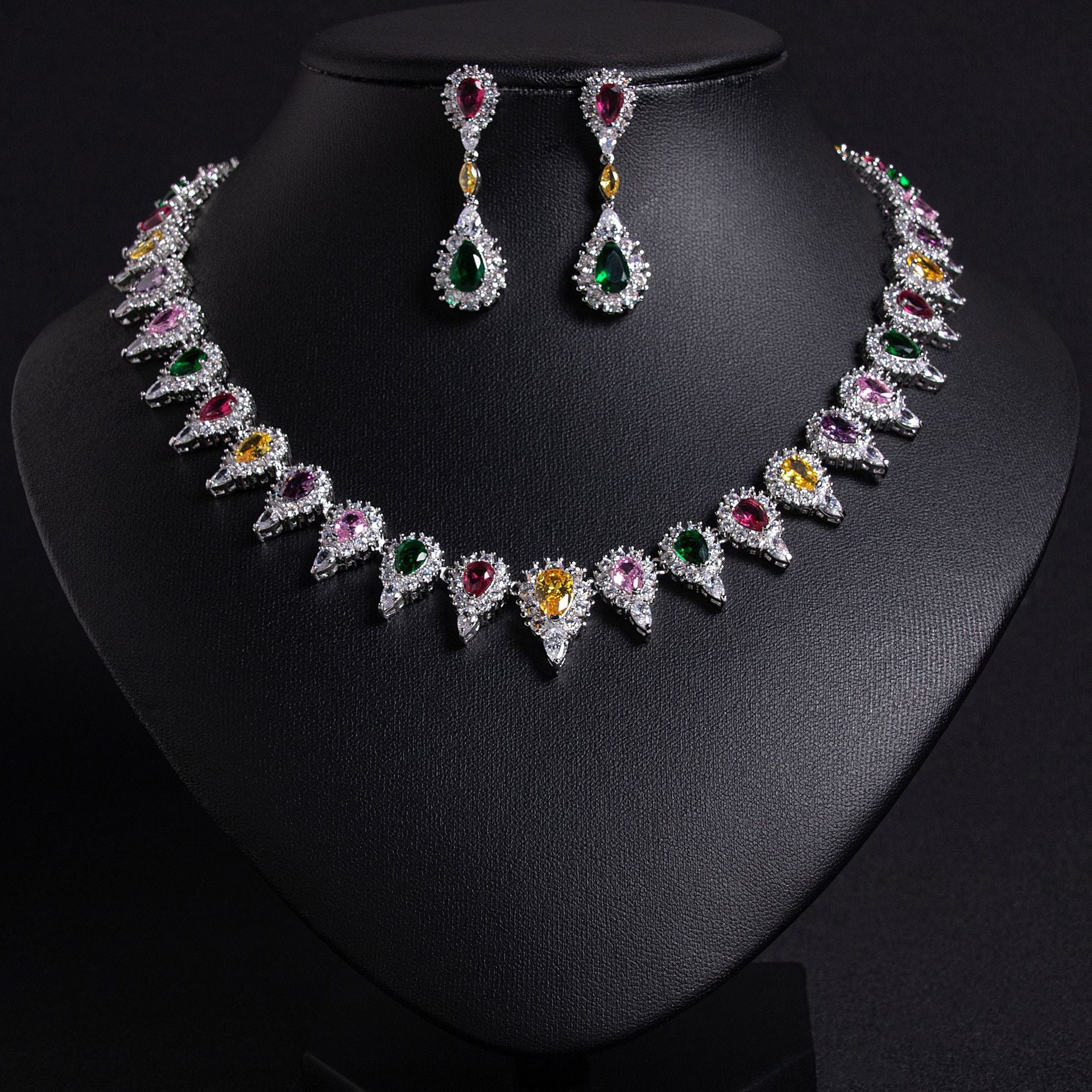 Multicolor Zircon Bridal Necklace Earrings Set Gold Plated