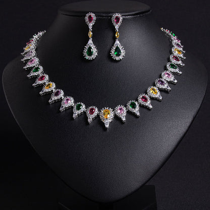 Multicolor Zircon Bridal Necklace Earrings Set Gold Plated