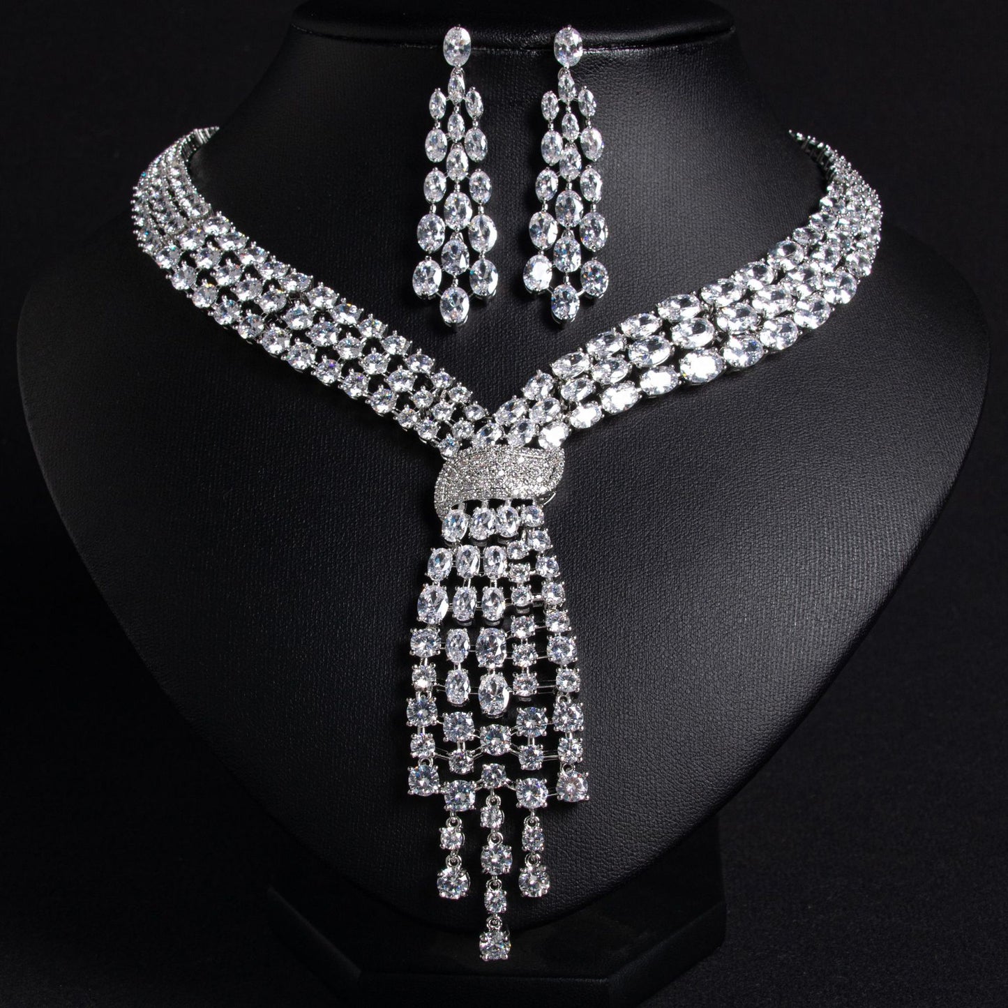 White Zircon Tassel Bridal Necklace Earrings Set Gold Plated
