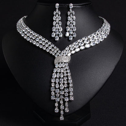 White Zircon Tassel Bridal Necklace Earrings Set Gold Plated