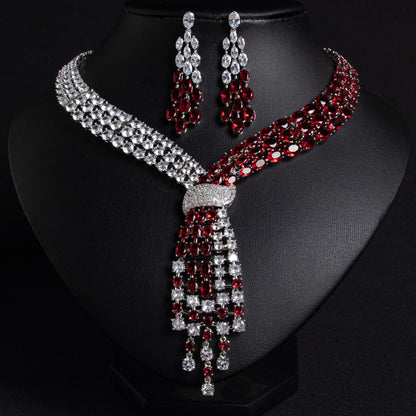 White Red Zircon Tassel Bridal Jewelry Set 18K Gold Plated