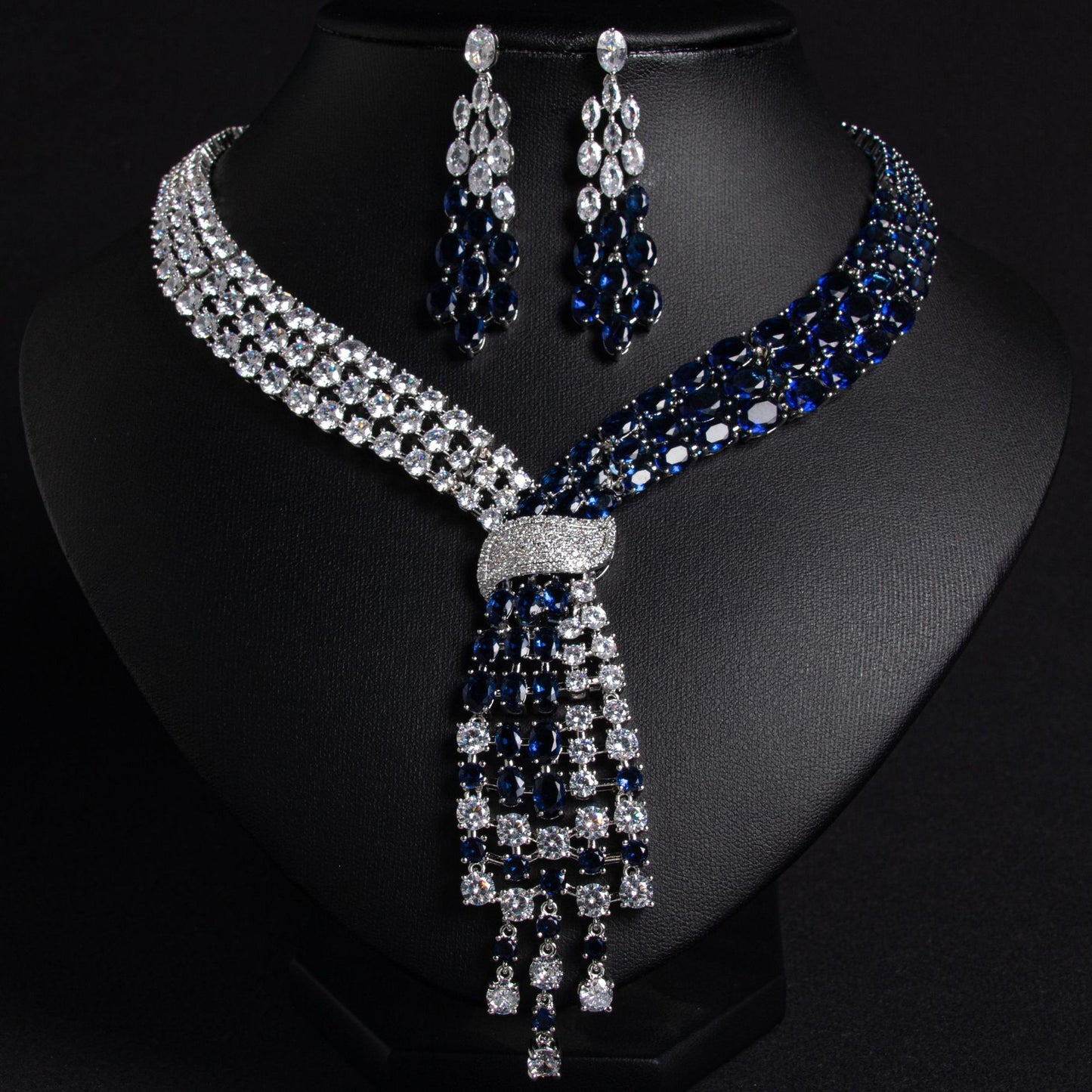 White Blue Zircon Tassel Bridal Earrings Necklace Set Wholesale