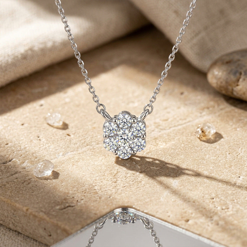 925 Silver Pavé Flower Cluster Necklace | Moissanite or CZ | Wholesale