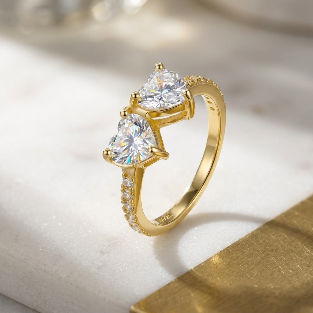 925 Silver Double Heart Ring | Moissanite or CZ
