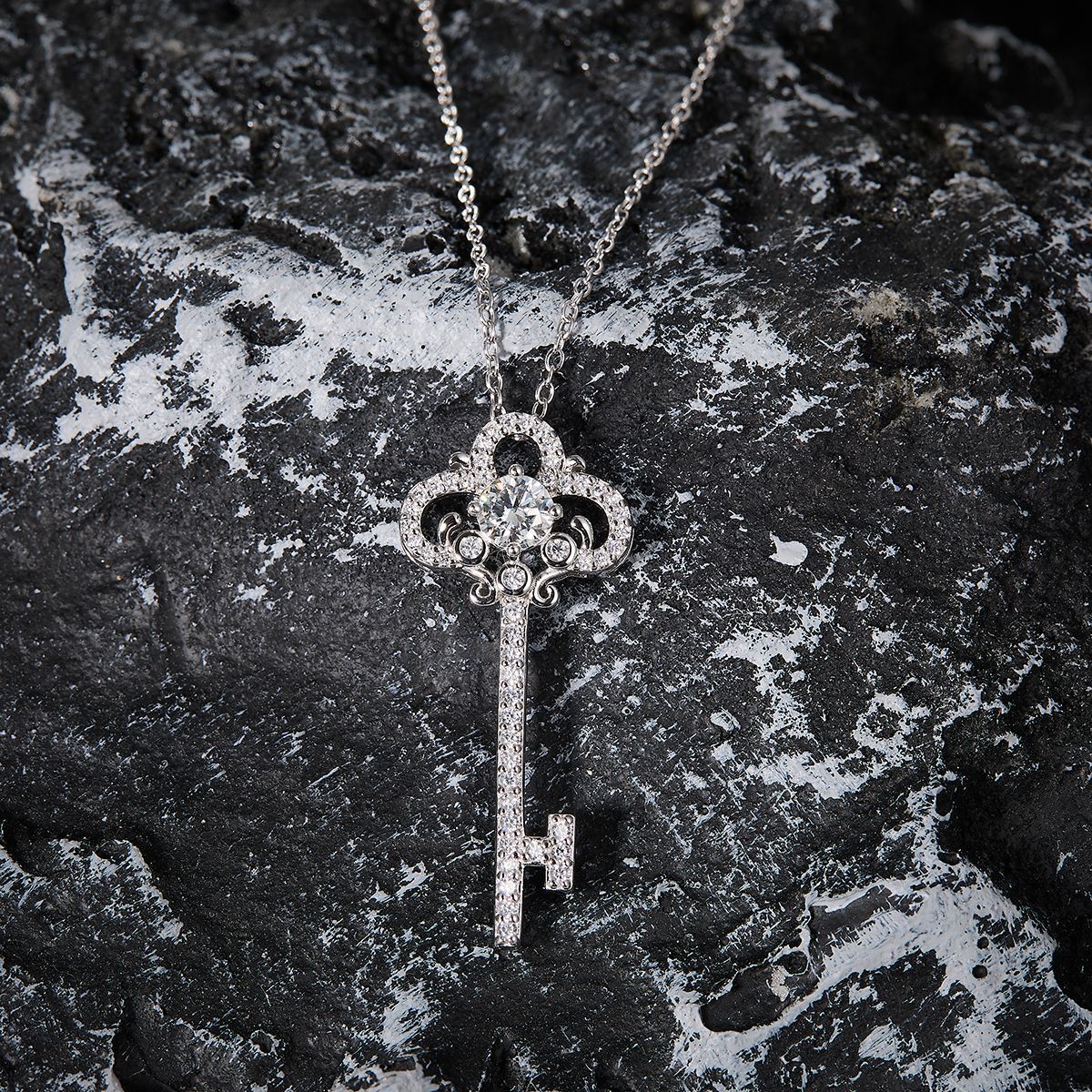 925 Silver Micro-Inlaid Key Necklace | Moissanite or CZ | Wholesale
